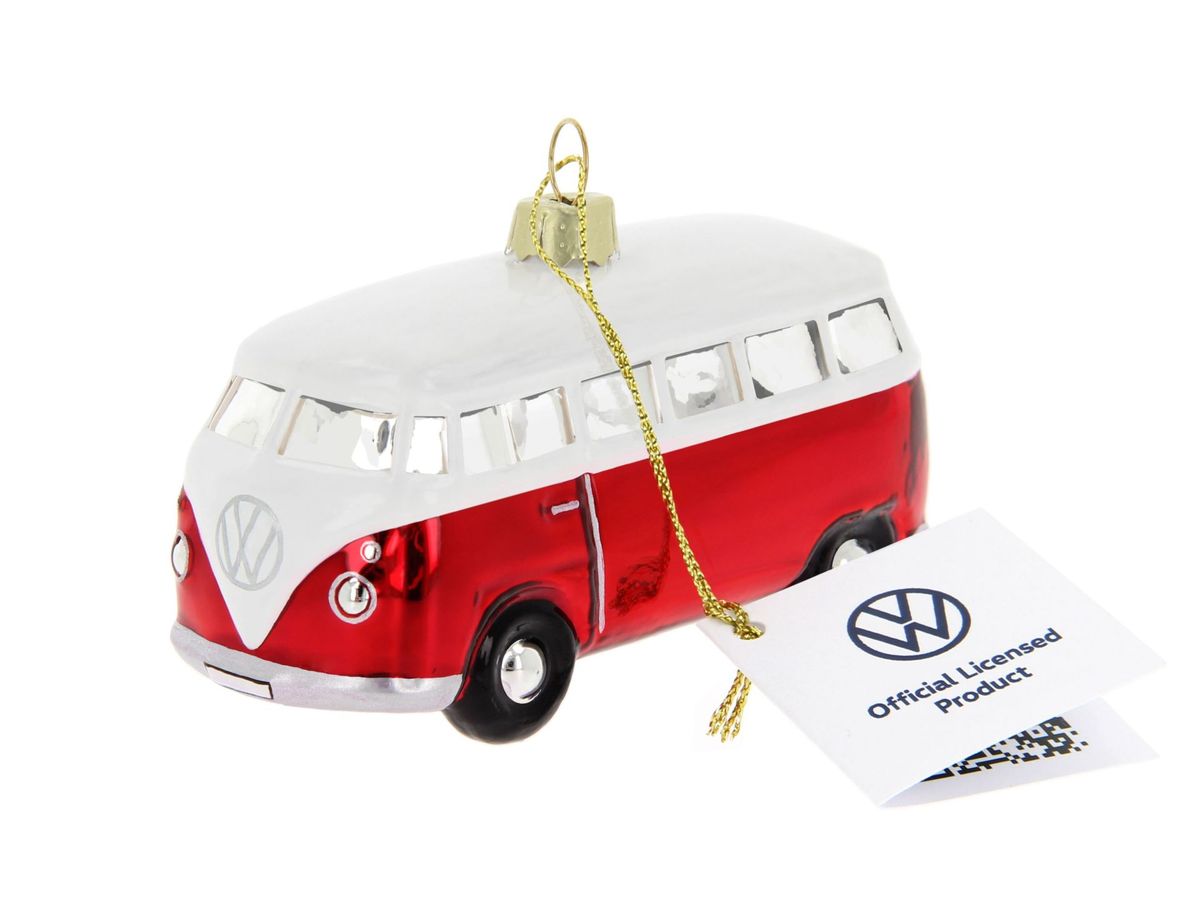 VW T1 Bulli Bus decorative pendant & glass Christmas ornament in gift box-Red