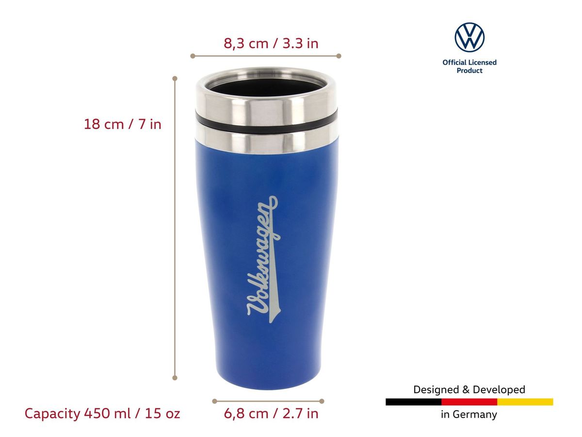 Volkswagen VW Stainless Steel Insulated Tumbler, double-walled, 450ml in Gift Box - Logo/Blue